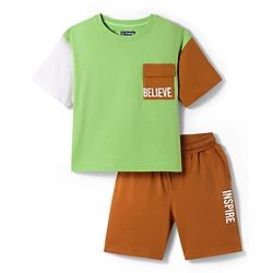 Pine Kids Single Jersey Knit Half Sleeves T-Shirt & Shorts Set with Believe Print - Light Green & Brown