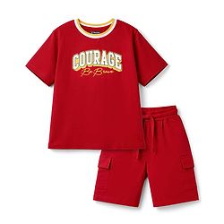 Pine Kids Single Jersey Knit Drop Shoulder Sleeves T-Shirt & Shorts Set With Text Print - Red