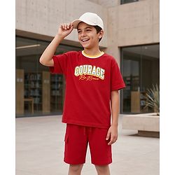 Pine Kids Single Jersey Knit Drop Shoulder Sleeves T-Shirt & Shorts Set With Text Print - Red