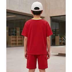 Pine Kids Single Jersey Knit Drop Shoulder Sleeves T-Shirt & Shorts Set With Text Print - Red