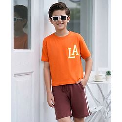 Pine Kids Single Jersey Knit Half Sleeves Text Printed T-Shirt & Shorts Set - Orange