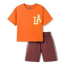 Pine Kids Single Jersey Knit Half Sleeves Text Printed T-Shirt & Shorts Set - Orange