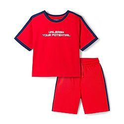 Pine Kids Single Jersey Knit Half Sleeves T-Shirt & Shorts Set with Unleash Your Potential Print & Tape Detailing - Red