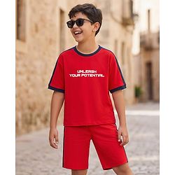 Pine Kids Single Jersey Knit Half Sleeves T-Shirt & Shorts Set with Unleash Your Potential Print & Tape Detailing - Red