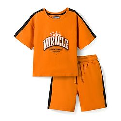 Pine Kids Single Jersey Knit Half Sleeves T-Shirt & Shorts Set with Text Print - Peach