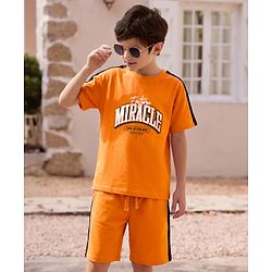Pine Kids Single Jersey Knit Half Sleeves T-Shirt & Shorts Set with Text Print - Peach