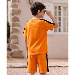 Pine Kids Single Jersey Knit Half Sleeves T-Shirt & Shorts Set with Text Print - Peach