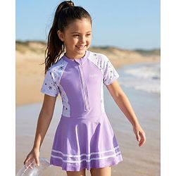 Pine Kids Half Raglan Sleeves Printed Frock Swimsuit - Purple