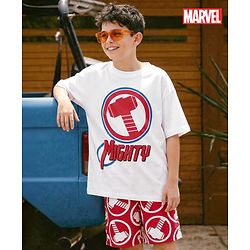 Pine Kids Marvel Single Jersey Knit Drop Shoulder Half Sleeves Oversized T-Shirt & Shorts Set with Thor Graphic - Red & White