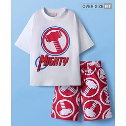 Pine Kids Marvel Single Jersey Knit Drop Shoulder Half Sleeves Oversized T-Shirt & Shorts Set with Thor Graphic - Red & White