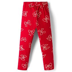 Pine Kids Cotton Lycra Knit Full Length Leggings With Bow Print - Red