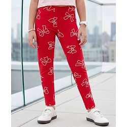 Pine Kids Cotton Lycra Knit Full Length Leggings With Bow Print - Red