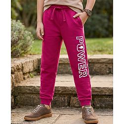 Pine Kids 100% Cotton Full Length Lounge Pant With Text Print - Dark Pink