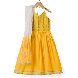 Pine Kids Cotton Woven Sleeveless Halter Neck Embroidered Kurti & Sharara Set With Dupatta & Lace Detailing - Yellow