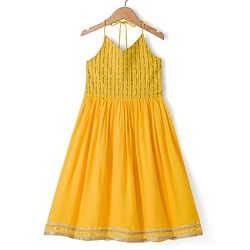 Pine Kids Cotton Woven Sleeveless Halter Neck Embroidered Kurti & Sharara Set With Dupatta & Lace Detailing - Yellow