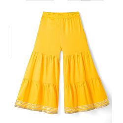 Pine Kids Cotton Woven Sleeveless Halter Neck Embroidered Kurti & Sharara Set With Dupatta & Lace Detailing - Yellow