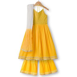 Pine Kids Cotton Woven Sleeveless Halter Neck Embroidered Kurti & Sharara Set With Dupatta & Lace Detailing - Yellow
