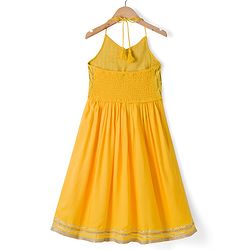 Pine Kids Cotton Woven Sleeveless Halter Neck Embroidered Kurti & Sharara Set With Dupatta & Lace Detailing - Yellow