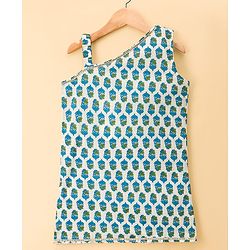Pine Kids Cotton Woven Sleeveless Floral Printed Kurta & Palazzo Set With Dupatta - Light Blue
