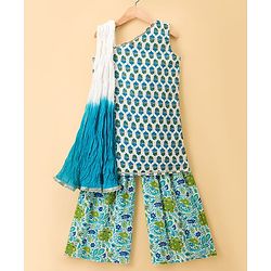 Pine Kids Cotton Woven Sleeveless Floral Printed Kurta & Palazzo Set With Dupatta - Light Blue