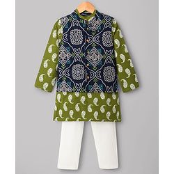 Pine Kids Cotton Woven Full Sleeves Printed Kurta Pyjama Set With Nehru Jacket - Green