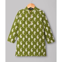 Pine Kids Cotton Woven Full Sleeves Printed Kurta Pyjama Set With Nehru Jacket - Green