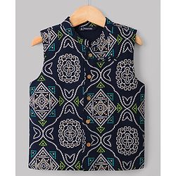 Pine Kids Cotton Woven Full Sleeves Printed Kurta Pyjama Set With Nehru Jacket - Green
