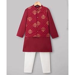 Pine Kids 100% Cotton Woven Full Sleeves Solid Kurta Pyjama Set With Floral Printed Jacket - Maroon