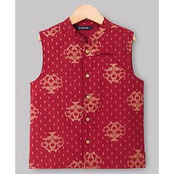 Pine Kids 100% Cotton Woven Full Sleeves Solid Kurta Pyjama Set With Floral Printed Jacket - Maroon