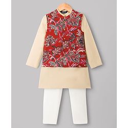 Pine Kids Cotton Woven Full Sleeves Kurta Pyjama Set With Floral Printed Nehru Jacket - Maroon