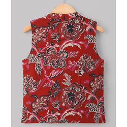 Pine Kids Cotton Woven Full Sleeves Kurta Pyjama Set With Floral Printed Nehru Jacket - Maroon