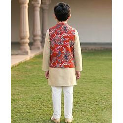 Pine Kids Cotton Woven Full Sleeves Kurta Pyjama Set With Floral Printed Nehru Jacket - Maroon