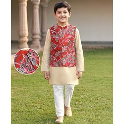 Pine Kids Cotton Woven Full Sleeves Kurta Pyjama Set With Floral Printed Nehru Jacket - Maroon