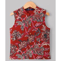 Pine Kids Cotton Woven Full Sleeves Kurta Pyjama Set With Floral Printed Nehru Jacket - Maroon