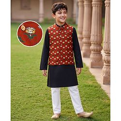 Pine Kids Cotton Woven Full Sleeves Floral Printed Kurta & Pyjama Set With Jacket - Black