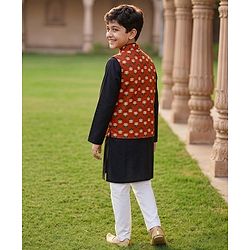 Pine Kids Cotton Woven Full Sleeves Floral Printed Kurta & Pyjama Set With Jacket - Black