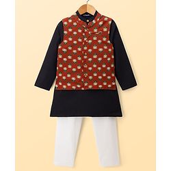 Pine Kids Cotton Woven Full Sleeves Floral Printed Kurta & Pyjama Set With Jacket - Black