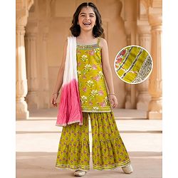 Pine Kids Cotton Woven Sleeveless Floral Printed Kurti & Sharara Set With Dupatta - Olive Green