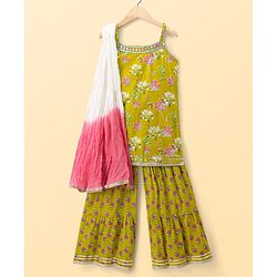 Pine Kids Cotton Woven Sleeveless Floral Printed Kurti & Sharara Set With Dupatta - Olive Green