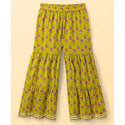 Pine Kids Cotton Woven Sleeveless Floral Printed Kurti & Sharara Set With Dupatta - Olive Green