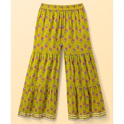 Pine Kids Cotton Woven Sleeveless Floral Printed Kurti & Sharara Set With Dupatta - Olive Green