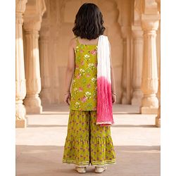 Pine Kids Cotton Woven Sleeveless Floral Printed Kurti & Sharara Set With Dupatta - Olive Green