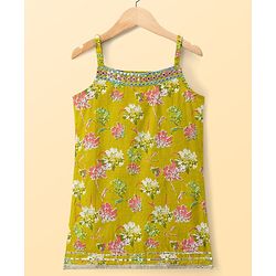 Pine Kids Cotton Woven Sleeveless Floral Printed Kurti & Sharara Set With Dupatta - Olive Green