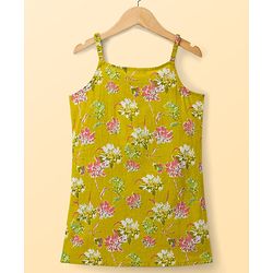 Pine Kids Cotton Woven Sleeveless Floral Printed Kurti & Sharara Set With Dupatta - Olive Green