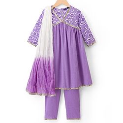 Pine Kids Rayon Woven Full Sleeves Floral Printed & Sequinned Kurta & Chudidar Set With Dupatta - Purple
