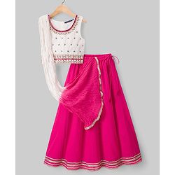 Pine Kids 100% Cotton Woven Sleeveless Floral Sequinned Choli Lehenga Set With Dupatta With Lace Detailing - White & Dark Pink