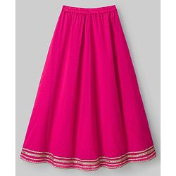 Pine Kids 100% Cotton Woven Sleeveless Floral Sequinned Choli Lehenga Set With Dupatta With Lace Detailing - White & Dark Pink