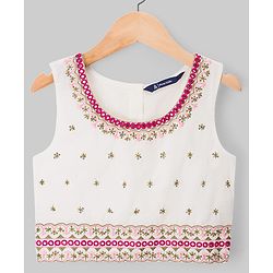 Pine Kids 100% Cotton Woven Sleeveless Floral Sequinned Choli Lehenga Set With Dupatta With Lace Detailing - White & Dark Pink