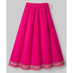 Pine Kids 100% Cotton Woven Sleeveless Floral Sequinned Choli Lehenga Set With Dupatta With Lace Detailing - White & Dark Pink