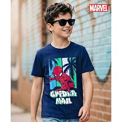 Pine Kids Disney Single Jersey Knit Half Sleeves T-Shirt With Spider Man Print - Navy Blue